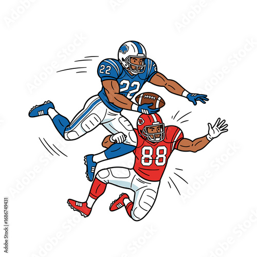 Two American football players in mid-air, one attempting to catch the ball while the other is trying to tackle.