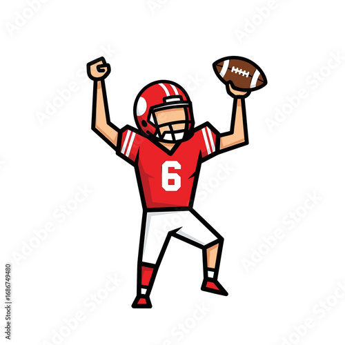 An illustrated football player in red uniform celebrates a touchdown, holding the ball.