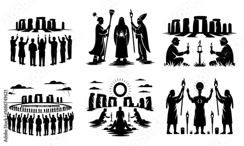 “Winter Solstice Festival at Stonehenge – Ancient Solstice Celebration Silhouette Vector Illustration”