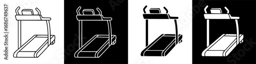 Four treadmill illustrations in different color schemes, fitness equipment.