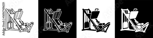 Four variations of a leg press machine illustration, presented in black and white contrasts.