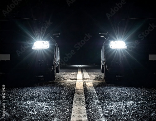 Head-on Confrontation: Two Cars Facing Each Other at Night