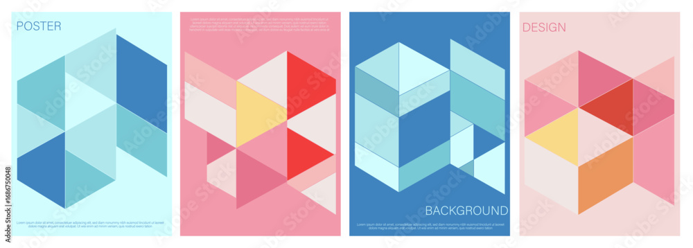 Collection of Minimalist Abstract Geometric Shapes  Poster Backgrounds. Multi Color Triangle Structures Modern Art Design Template Set for Ads, Covers, and Social Media Graphics