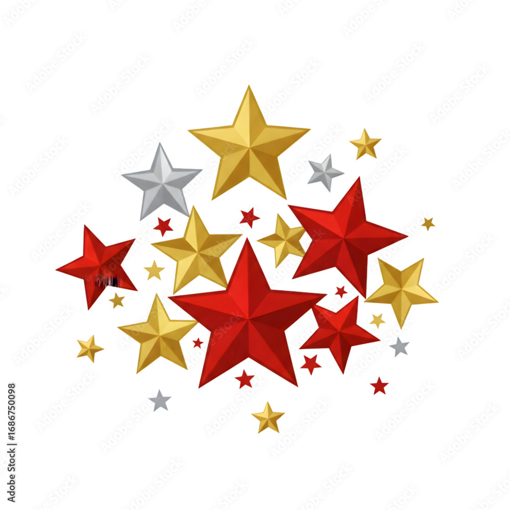 Fototapeta premium Isolated Star Cluster Illustration with Red Gold and Silver Stars on Black