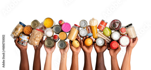 Diverse hands holding a variety of non-perishable food items