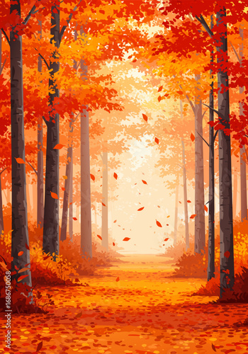 A serene pathway bathed in the warm, vibrant hues of an autumn forest, with falling leaves creating a magical atmosphere