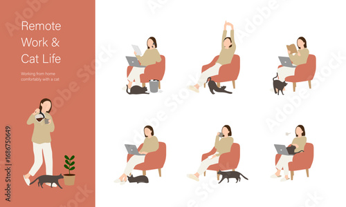 在宅ワークする女性と猫 / Woman Working from Home with Cat