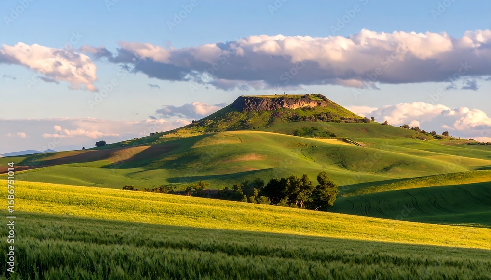 Fototapeta premium Rolling hills, sunlit fields, and a flat-topped mountain under a partly cloudy sky