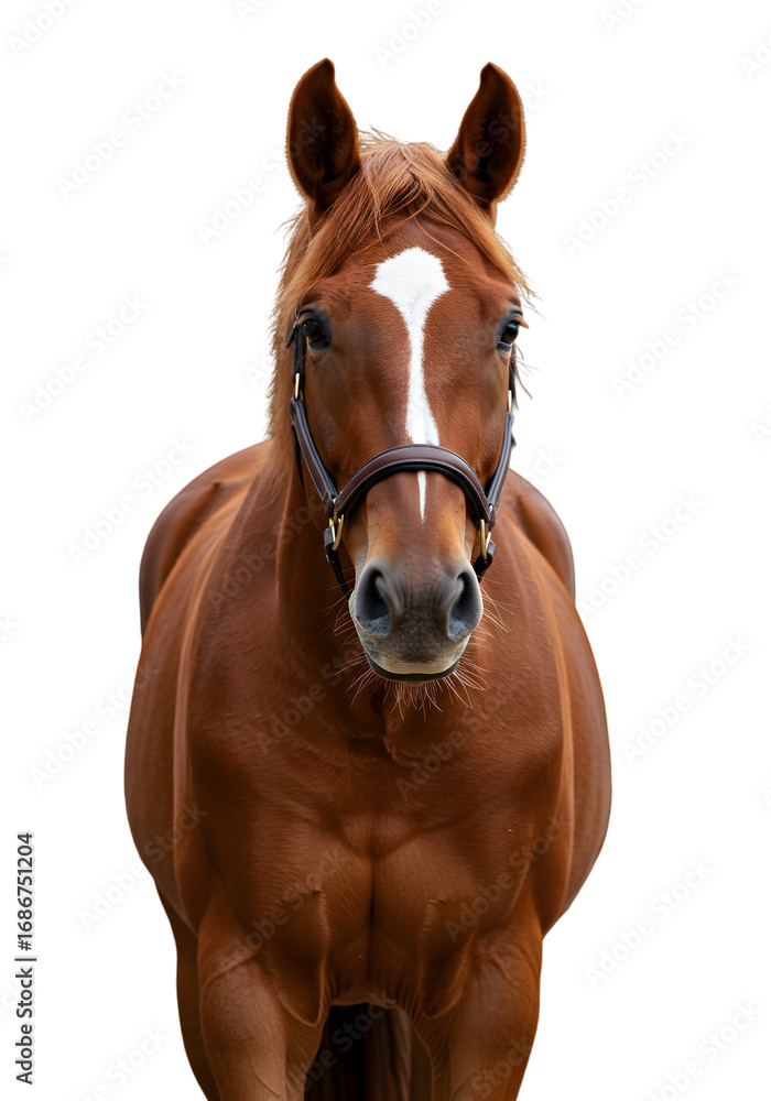 Fototapeta premium Isolated Studio Portrait of a Majestic Brown Horse with White Markings and a Black Background