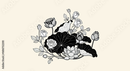 Elegant Black and White Botanical Illustration of Lotus Flowers and Leaves.