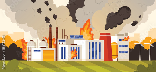 Burning factory with large flames, thick black smoke, and damaged buildings showing industrial accident disaster and emergency response scenario vector illustration