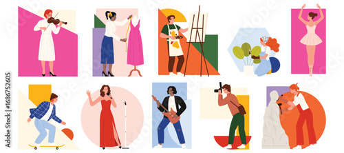Creative hobby people with colorful geometric shapes set. Talent diversity characters with passion and inspiration to art or music, painter with easel and brush, musician cartoon vector illustration