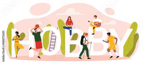 Active tiny people playing sports, reading, hiking, and playing guitar around large hobby letters, representing diverse leisure activities and interests, isolated on white background vector