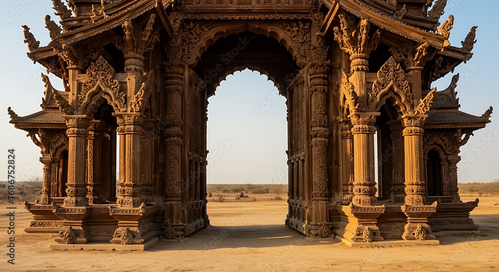 Obraz premium Ornate wooden archway in desert landscape