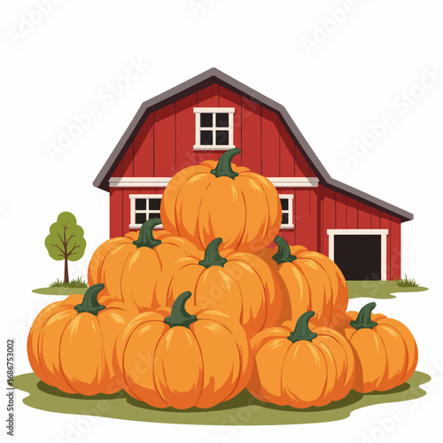 Pile of pumpkins near red barn with tree in background, showcasing autumn harvest on farm. Pumpkins stacked in vibrant orange colors highlight seasonal agriculture and countryside charm.