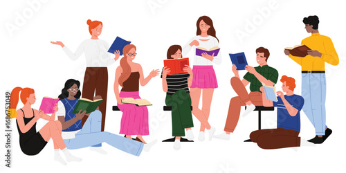 People read books from library together, reading club gathering, bookcrossing. Young smart students crowd and happy friends group studying, characters holding books cartoon vector illustration