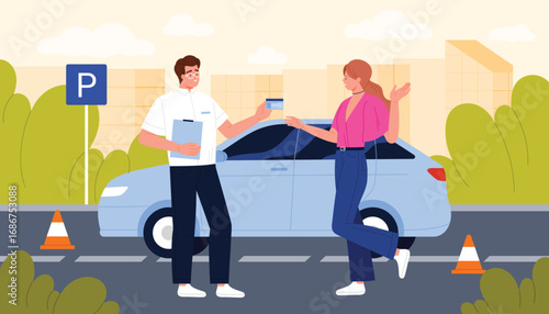 Happy woman receiving driver license to drive car. Instructor giving ID card and permit document to proud student, achievement of auto school exam and driver certification cartoon vector illustration