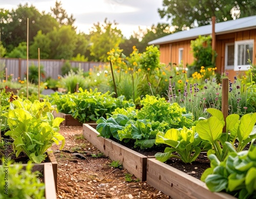 Vibrant Green Vegetable Garden in Raised Wooden Beds