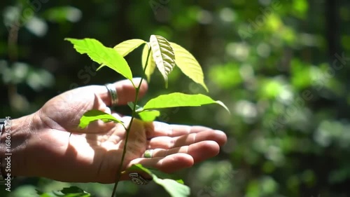 Hand holding a small sapling tree branch in a lush green forest with nature concept.