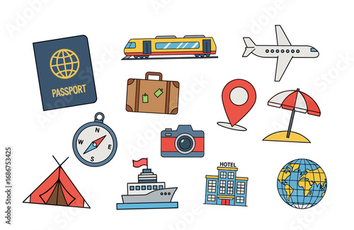 Travel Essentials Vector Icons: Passport, Train, Airplane, Suitcase & More for Adventure