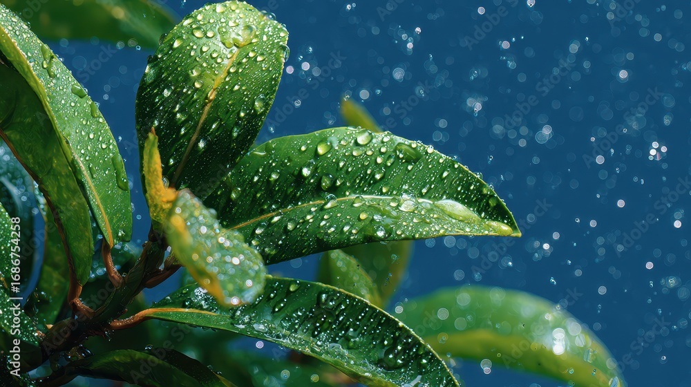 Fototapeta premium Lush green leaves glisten with fresh raindrops against a soft blue sky in an outdoor garden on a bright Spring morning