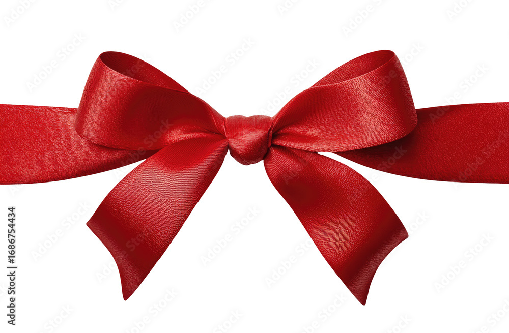 Fototapeta premium A vibrant red satin ribbon bow, centrally placed, with a wide horizontal ribbon