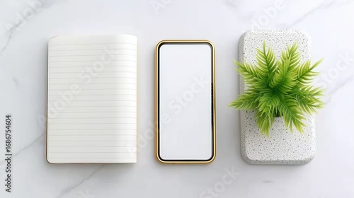 Aesthetic Minimalist Workspace Setup with Notebook, Smartphone, and Green Plant on Marble Surface
