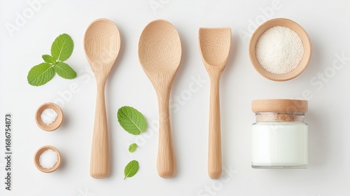 Beautiful Wooden Kitchen Utensils Arranged Aesthetically with Fresh Green Leaves and Natural Ingredients
