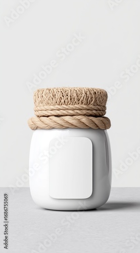 Modern White Jar with Natural Twine Lid on Minimalist Background Evoking Simplicity and Elegance
