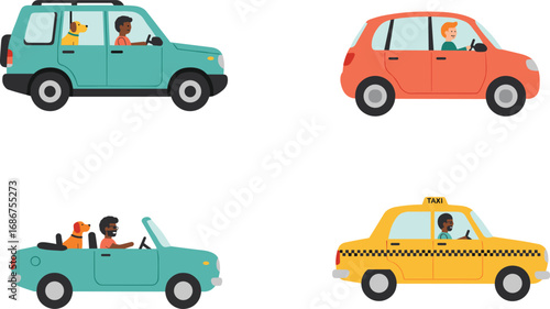Cartoon illustration of different cars with drivers, taxi cab, SUV, convertible, pets traveling, transportation concept, urban vehicle collection