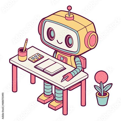 Travel-ready cartoon robot with a suitcase, a vintage school book, and a backpack, a