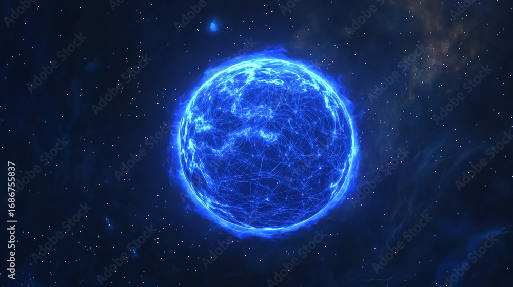 Fototapeta premium A vibrant blue planet surrounded by a starry background, showcasing interconnected lines that suggest a network or digital theme.