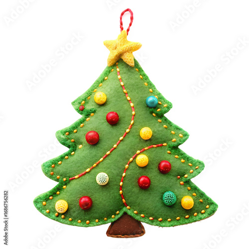 A charming handmade felt christmas tree ornament, decorated with colorful baubles and a yellow star, isolated on transparent background