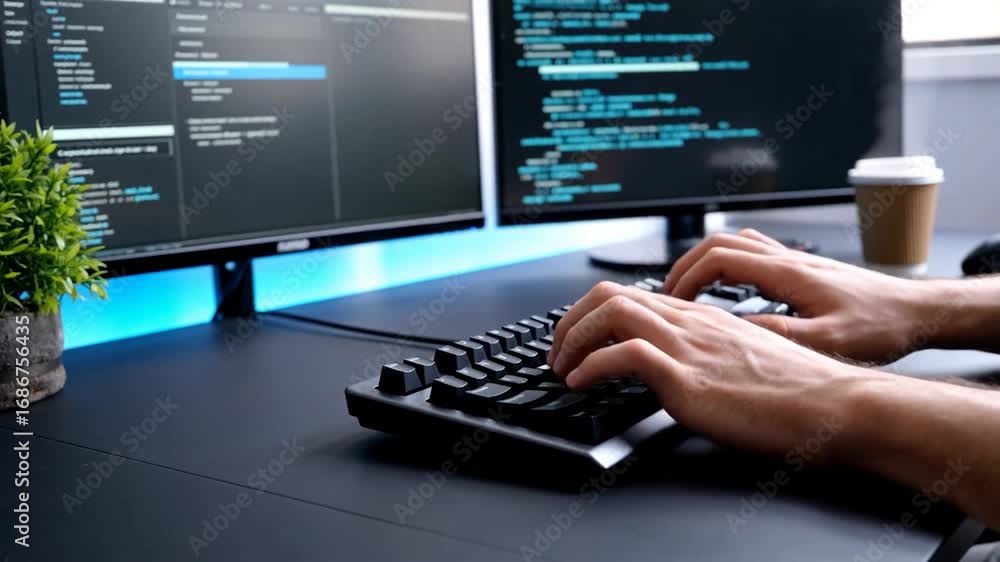 Mains de développeur tapant sur un clavier.