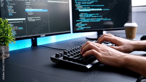 Mains de développeur tapant sur un clavier.