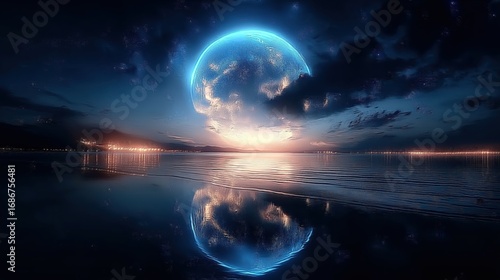 Amazing Blue Moon Rising Over Calm Ocean Waters at Dusk with Stunning Reflections

