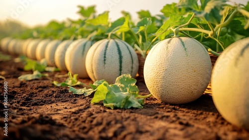 Ripe Cantaloupes in a Summer Field: Golden Hour Harvest