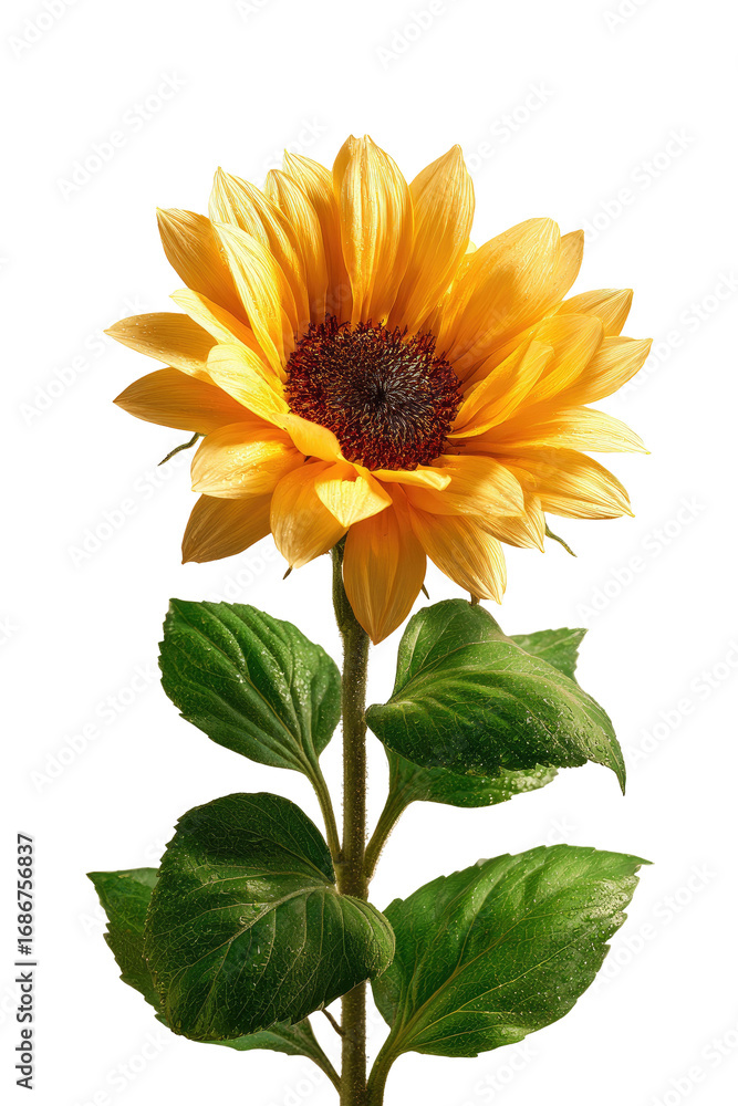 Naklejka premium Close-up of a vibrant sunflower. Golden petals, dark center, green leaves