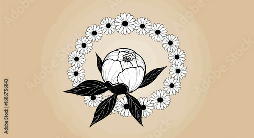 Elegant White Peony Bud with Dark Leaves and Ribbon Detail.