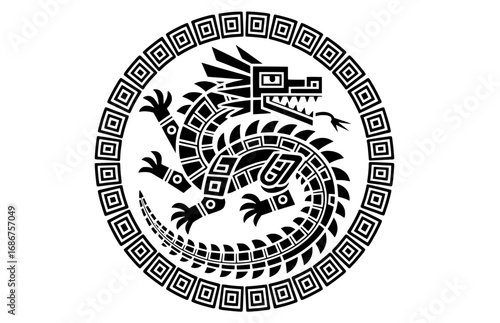 An Aztec-style mythological dragon or Quetzalcoatl in a decorative circle, perfect for historical and cultural designs