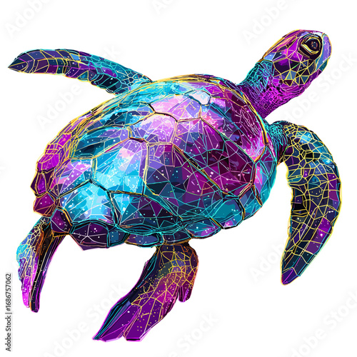 A stunning, futuristic representation of a turtle, rendered in vibrant, glowing colors of purple, blue, and gold. The turtle’s shell is outlined with a glowing geometric wireframe, giving it a digital