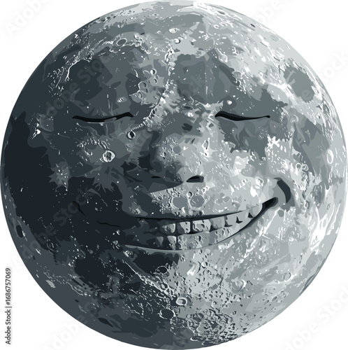 Anthropomorphic moon face illustration, surreal celestial art, grayscale lunar texture, dreamy night sky concept, whimsical fantasy character, smiling moon portrait