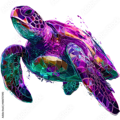 A stunning, futuristic representation of a turtle, rendered in vibrant, glowing colors of purple, blue, and gold. The turtle’s shell is outlined with a glowing geometric wireframe, giving it a digital