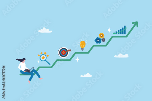 Business growth plan, strategy to develop success, progress achievement diagram, analyze or review, set target, find opportunity and implement, growth strategy with stair step growing chart.