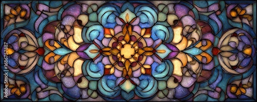 Colorful stained glass window. Abstract stained pane background. Vintage pattern. Glass stain pattern. Art Deco decor