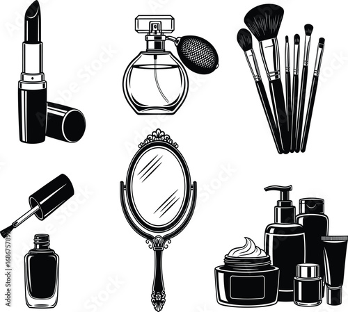 Beauty and cosmetic silhouette set, lipstick, perfume, makeup brushes, nail polish, mirror, skincare containers, black vector illustrations