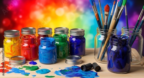 Vibrant paint jars, brushes, and colorful splatters on wood for creative art.