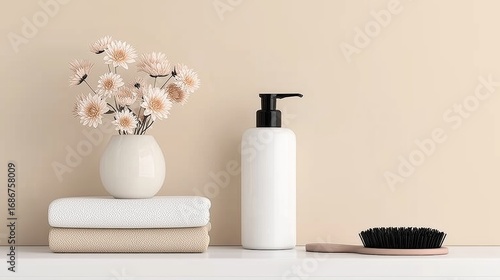 Serene Bathroom Aesthetic with Minimalist Hair Care Products, Soft Floral Arrangement, and Neat Textures
