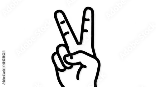 Hand with two fingers up with peace sign, outline on white background, and victory symbol.