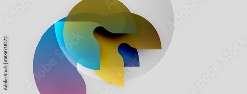 Abstract colorful shapes overlap, creating fluid forms. Gradient hues blend, suggesting movement, light, depth. Minimalist design, modern aesthetic.